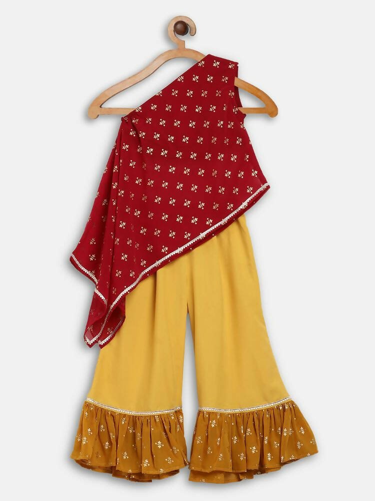 Ahalyaa Maroon Georgette Glitter Print Asymmetric Kids Kurta Palazzo Sets For Girls | Swadesiicart