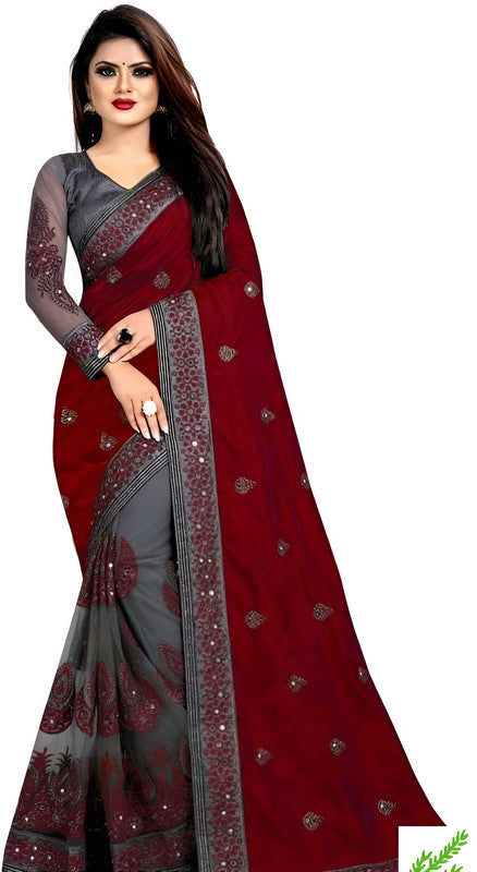 Dishitha Creation Indian Women's Designer Embroidered Art Silk Saree - Maroon | Swadesiicart
