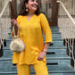 trueBrowns Yellow Bandhani Flare Printed Silk Co-Ord Set - Swadesiicart