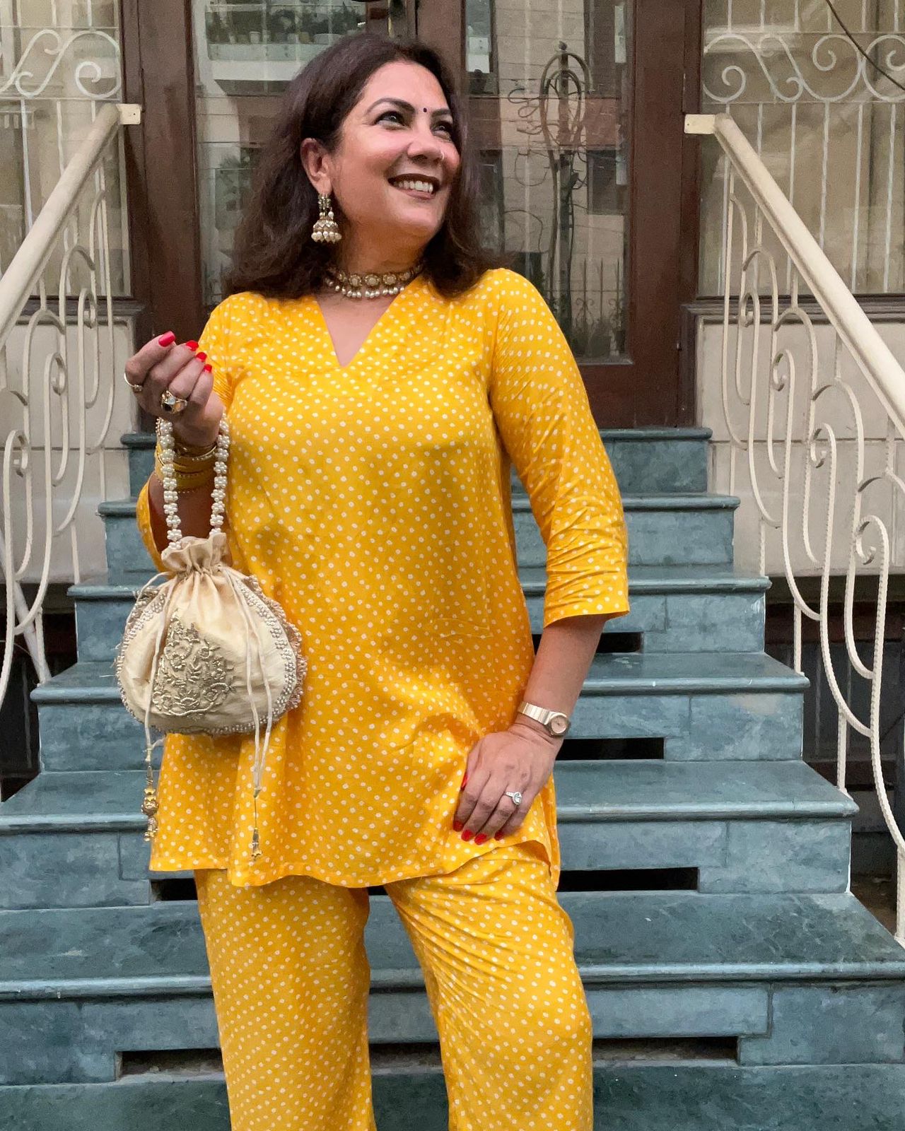 trueBrowns Yellow Bandhani Flare Printed Silk Co-Ord Set | Relove - Swadesiicart