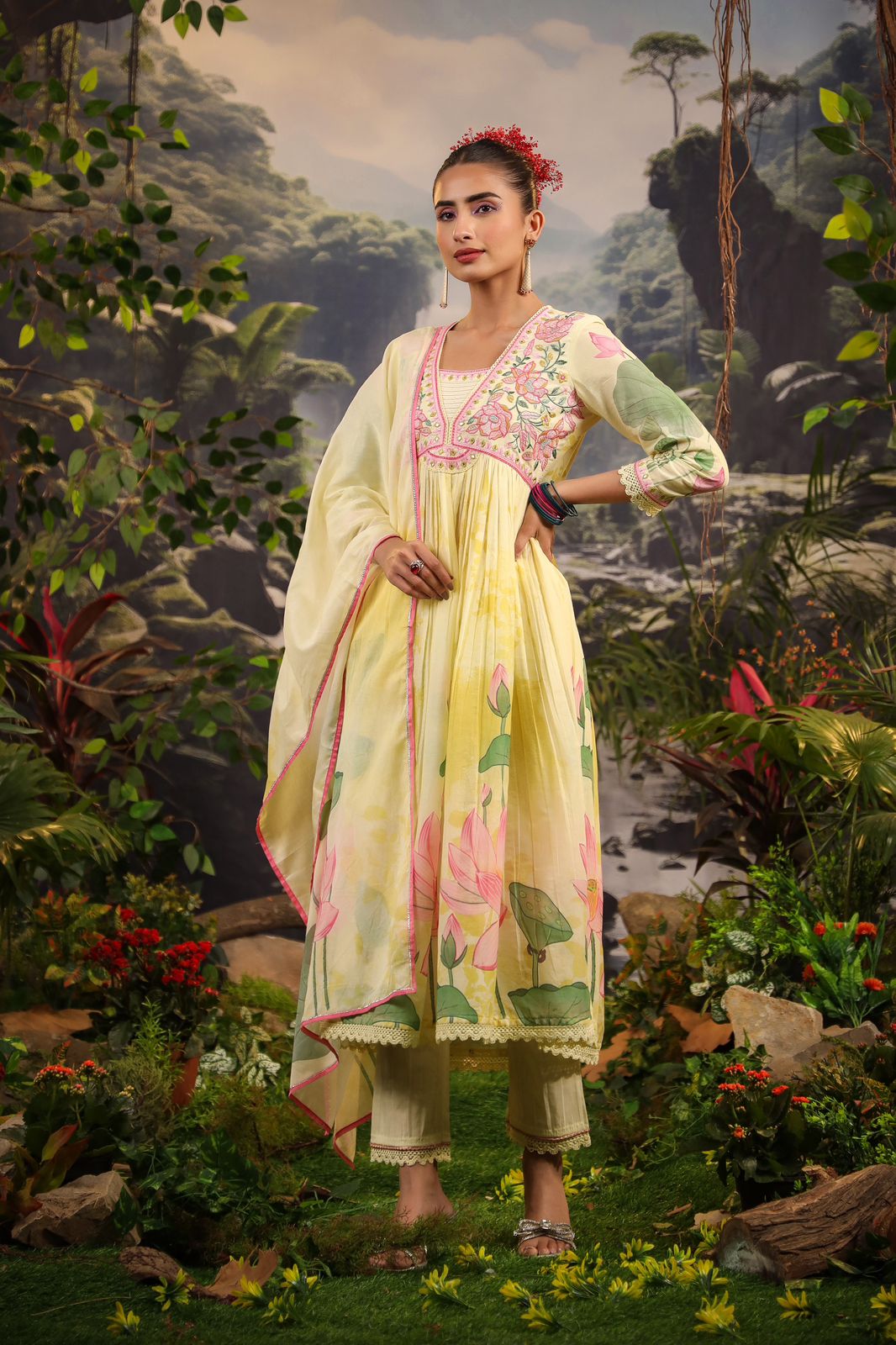 Alia Cut Embroidered & Floral Printed Kurta With Pant & Dupatta Luxury Premium, Multicolor - Hiral Fashion