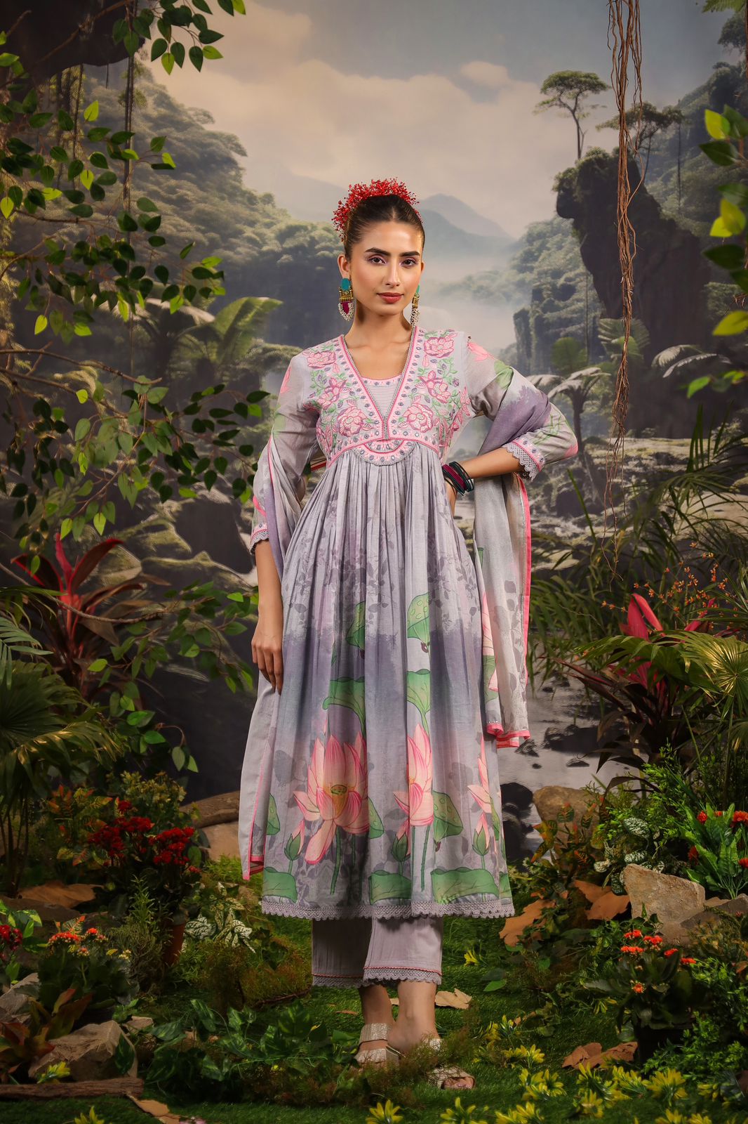 Alia Cut Embroidered & Floral Printed Kurta With Pant & Dupatta Luxury Premium, Multicolor - Hiral Fashion