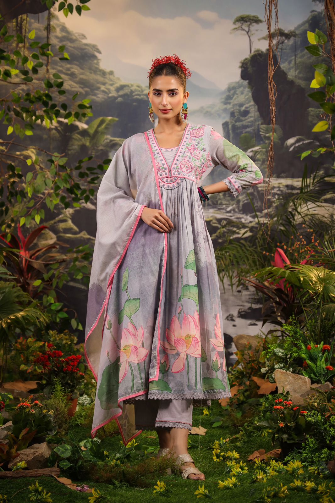 Alia Cut Embroidered & Floral Printed Kurta With Pant & Dupatta Luxury Premium, Multicolor - Hiral Fashion