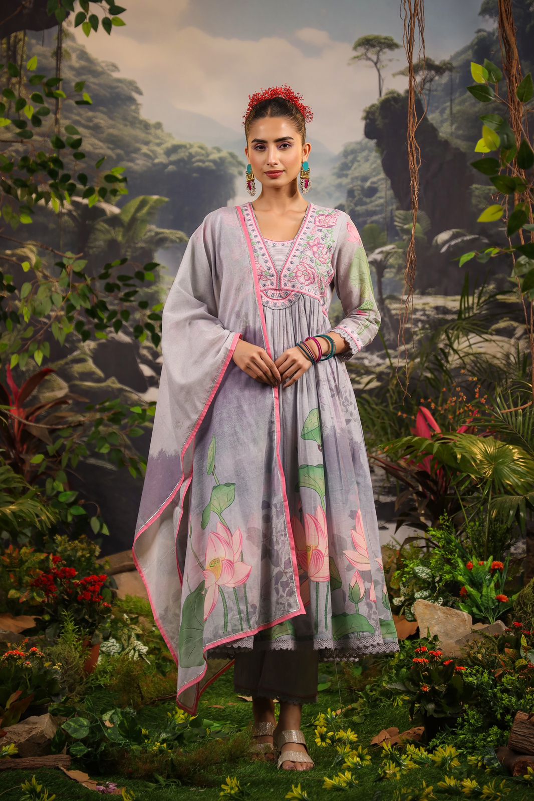 Alia Cut Embroidered & Floral Printed Kurta With Pant & Dupatta Luxury Premium, Multicolor - Hiral Fashion
