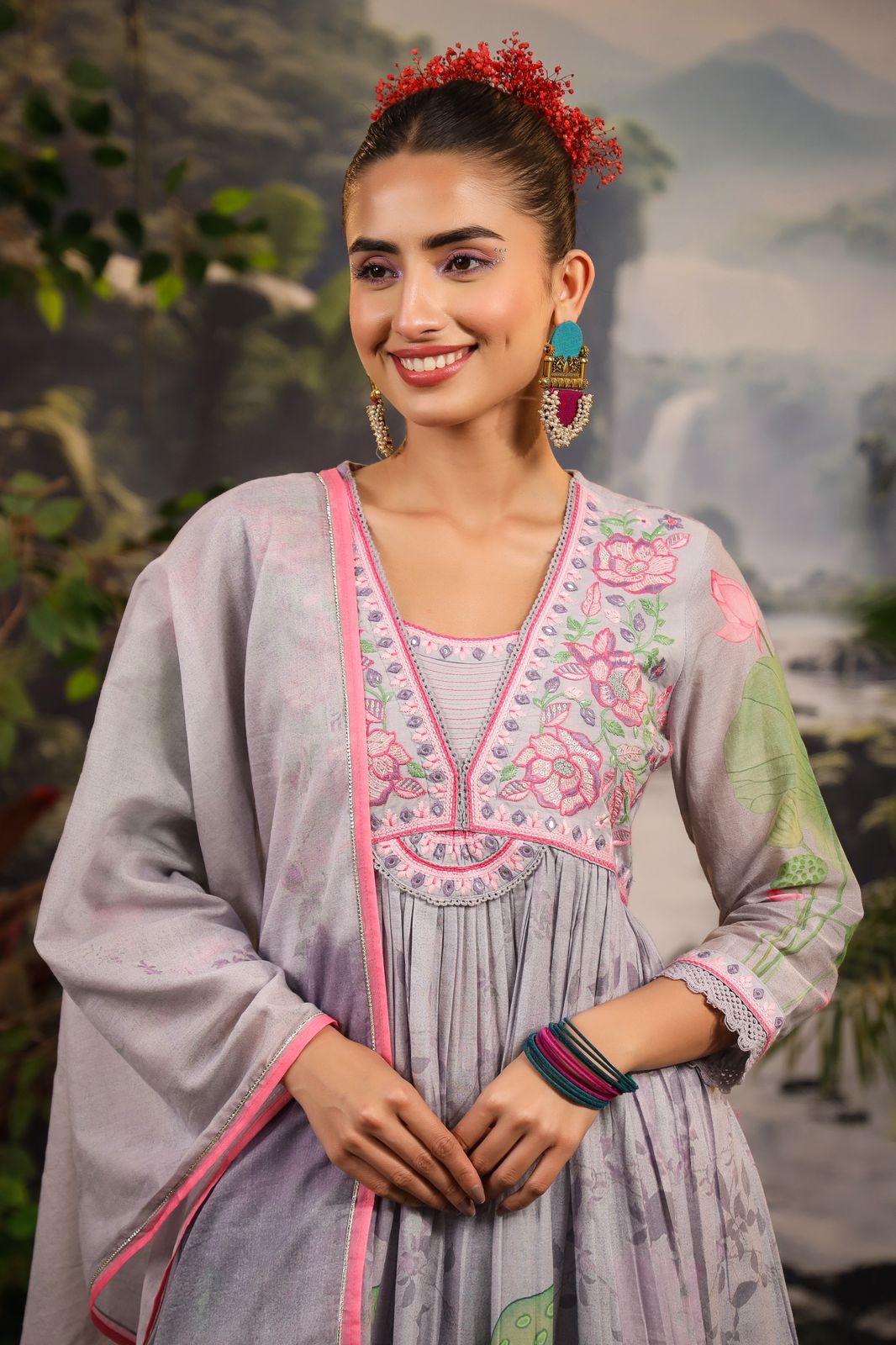 Alia Cut Embroidered & Floral Printed Kurta With Pant & Dupatta Luxury Premium, Multicolor - Hiral Fashion