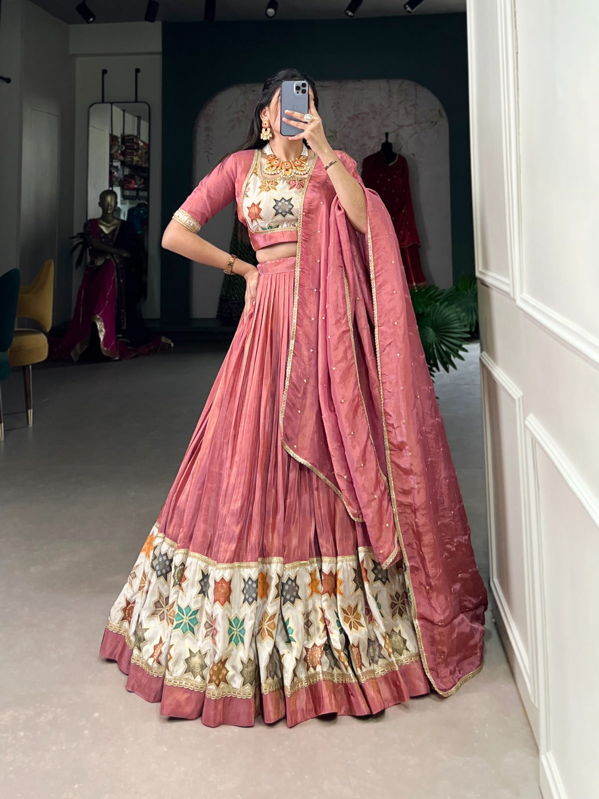 Lorenvalley Peach Premium Pure Shimmer Pure Shimmer Lehenga Choli | Swadesiicart