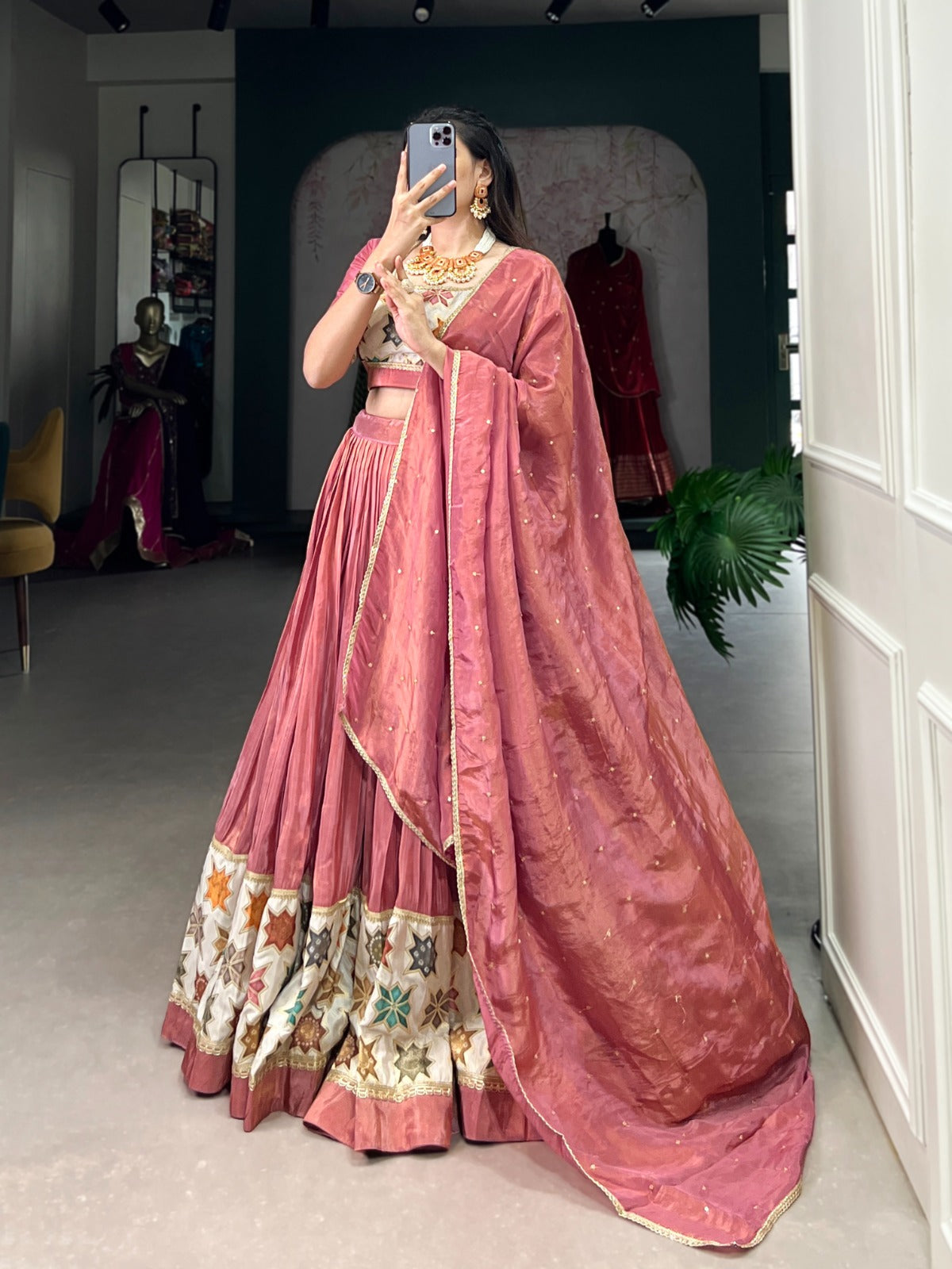 Lorenvalley Peach Premium Pure Shimmer Pure Shimmer Lehenga Choli | Swadesiicart
