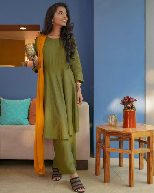 Jompers Women Olive Green Solid Kurta with Palazzos & Dupatta | Swadesiicart