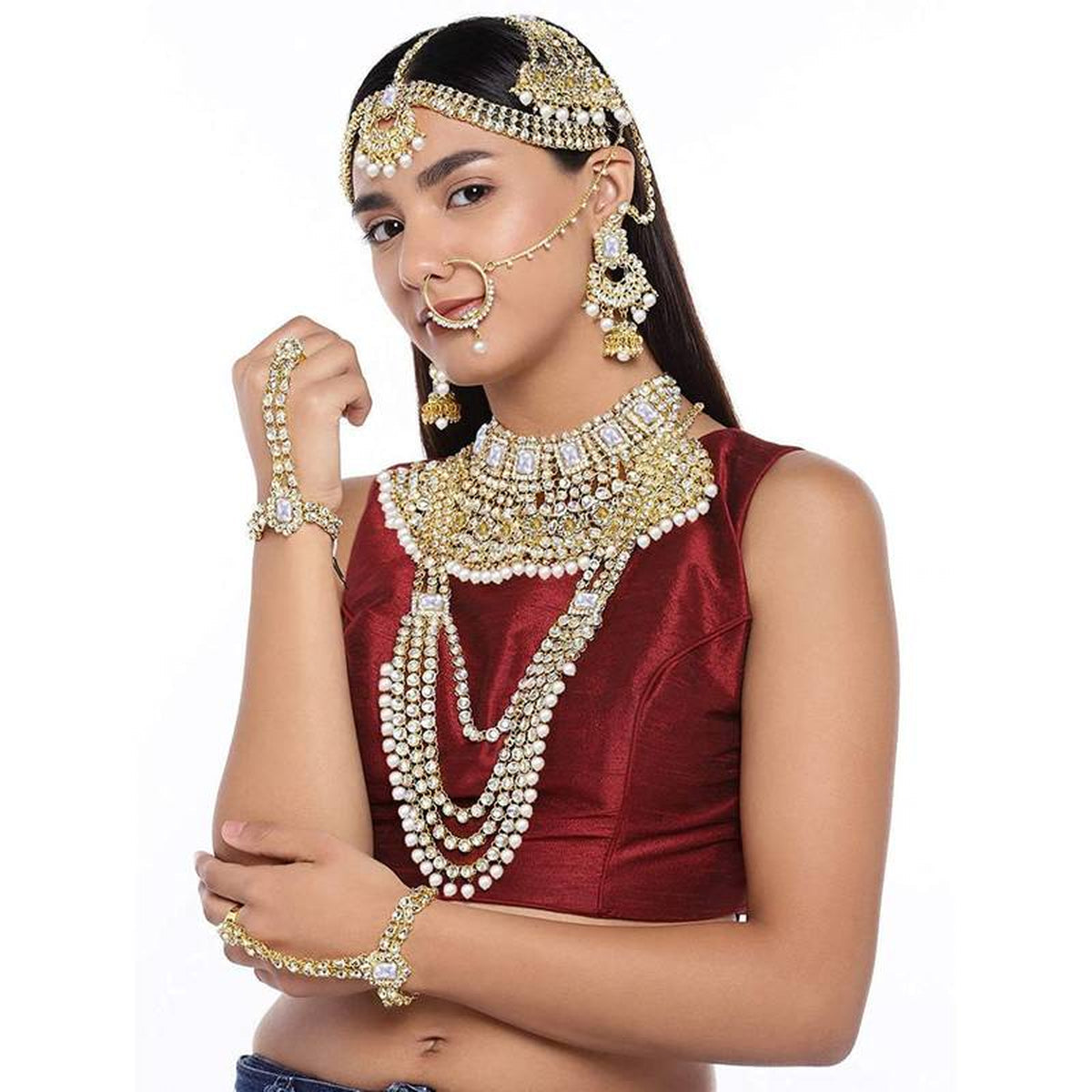 Jewel City Complete Bridal Kundan Jewelry Set - 8-Piece Royal Indian Wedding Collection with Choker, Rani Haar, Earrings, Maang Tikka & Mathapatti | Swadesiicart