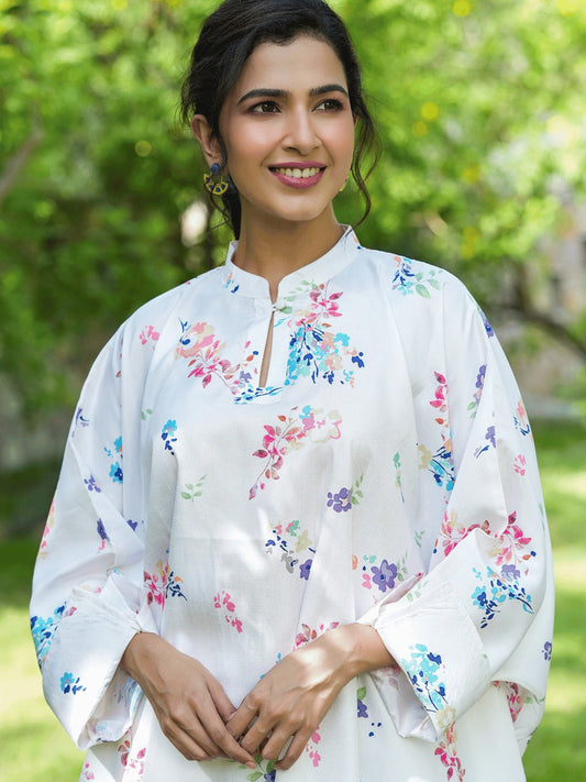 Yufta White Floral Print Kaftan Kurta with Trousers Co-Ords - Swadesiicart