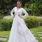 Lorenvalley White Rayon Fabric With Kutchi Gamthi Lace Gown | Swadesiicart