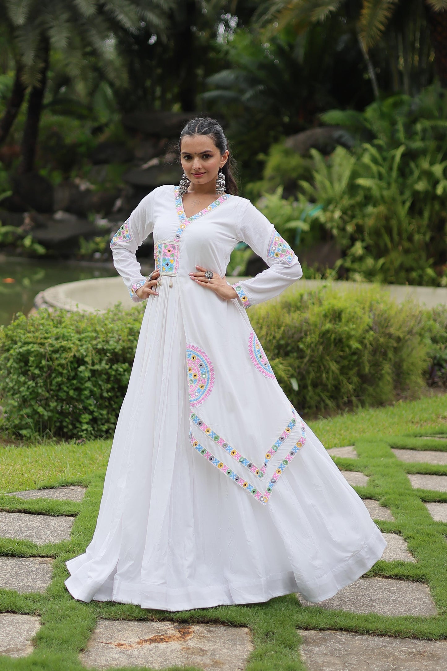 Lorenvalley White Rayon Fabric With Kutchi Gamthi Lace Gown | Swadesiicart