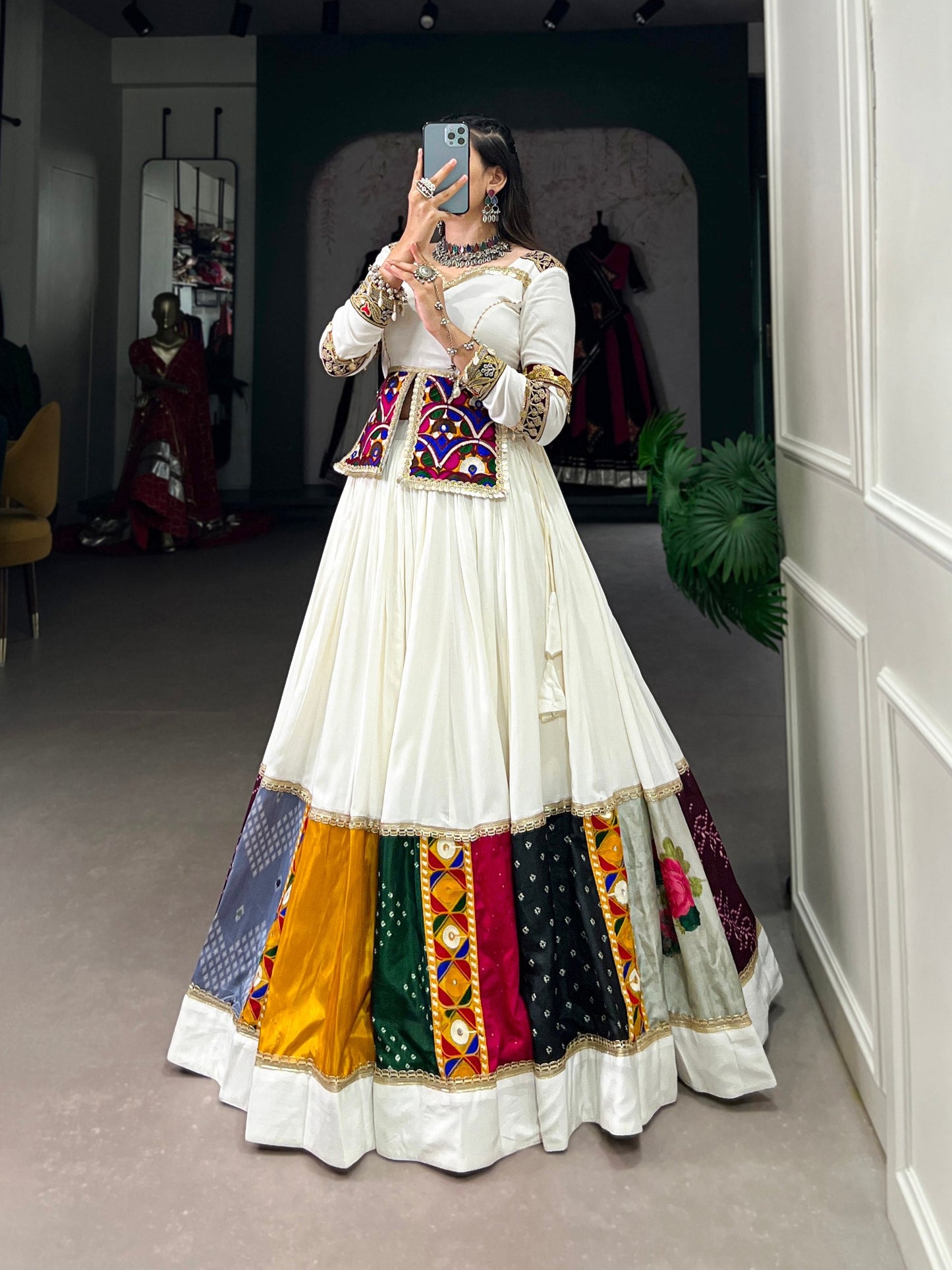 Lorenvalley White Rayon Plain With Embroidery And Gamthi Patch Work Lehenga Choli | Swadesiicart
