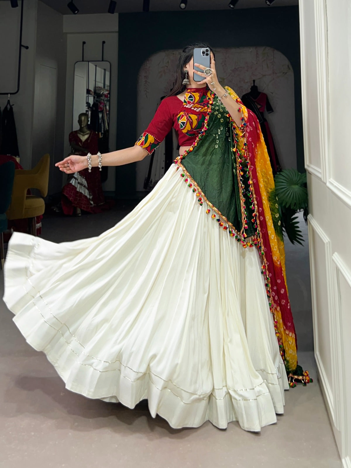 Lorenvalley White Pure Rayon with Plain With Gota Patti Touch Up Lehenga Choli | Swadesiicart