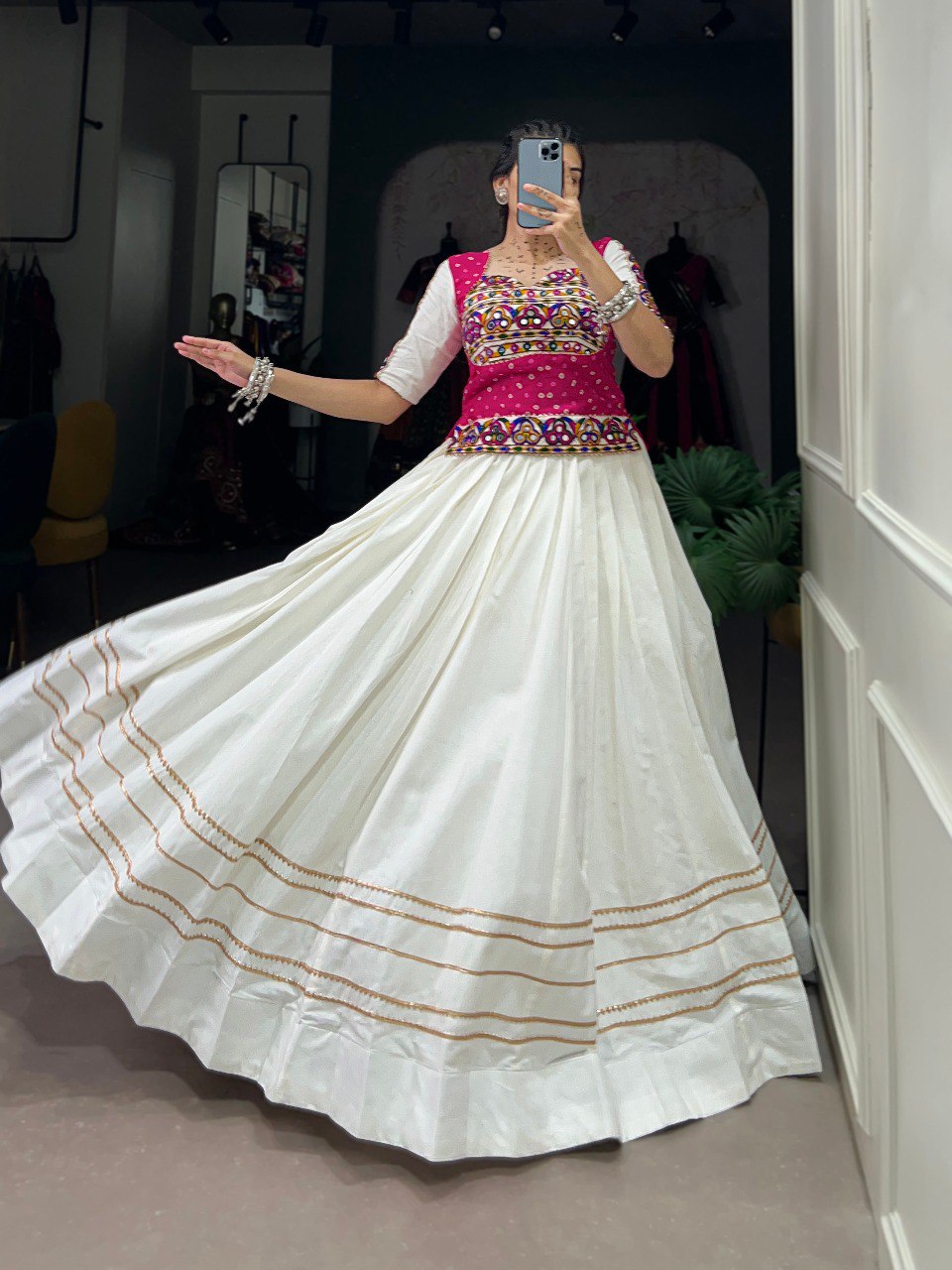 Lorenvalley White Pure Cotton Plain With Gota Patti Touch Up Lehenga Choli | Swadesiicart