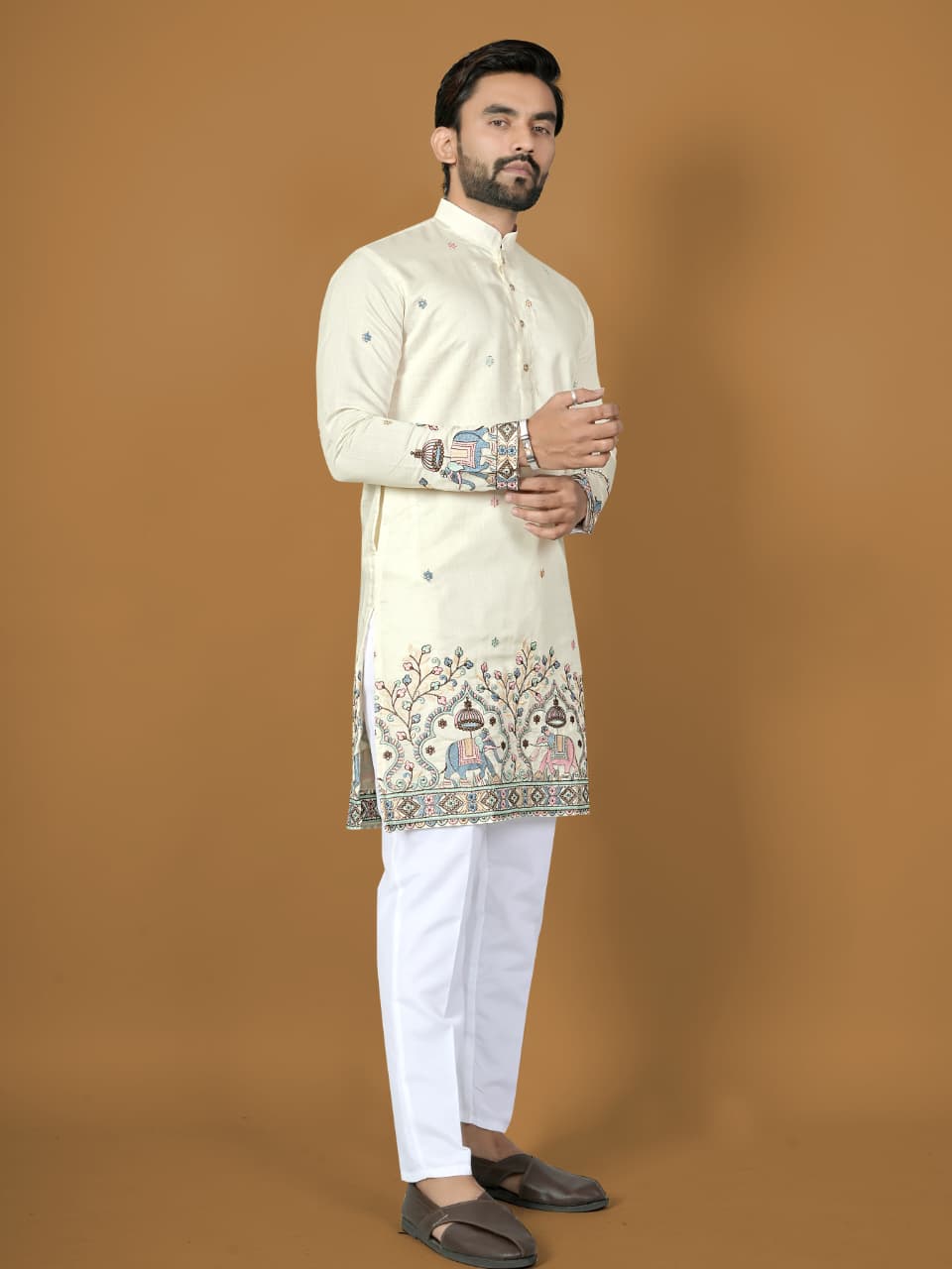 Anaita White Embroidery Silk Straight Kurta