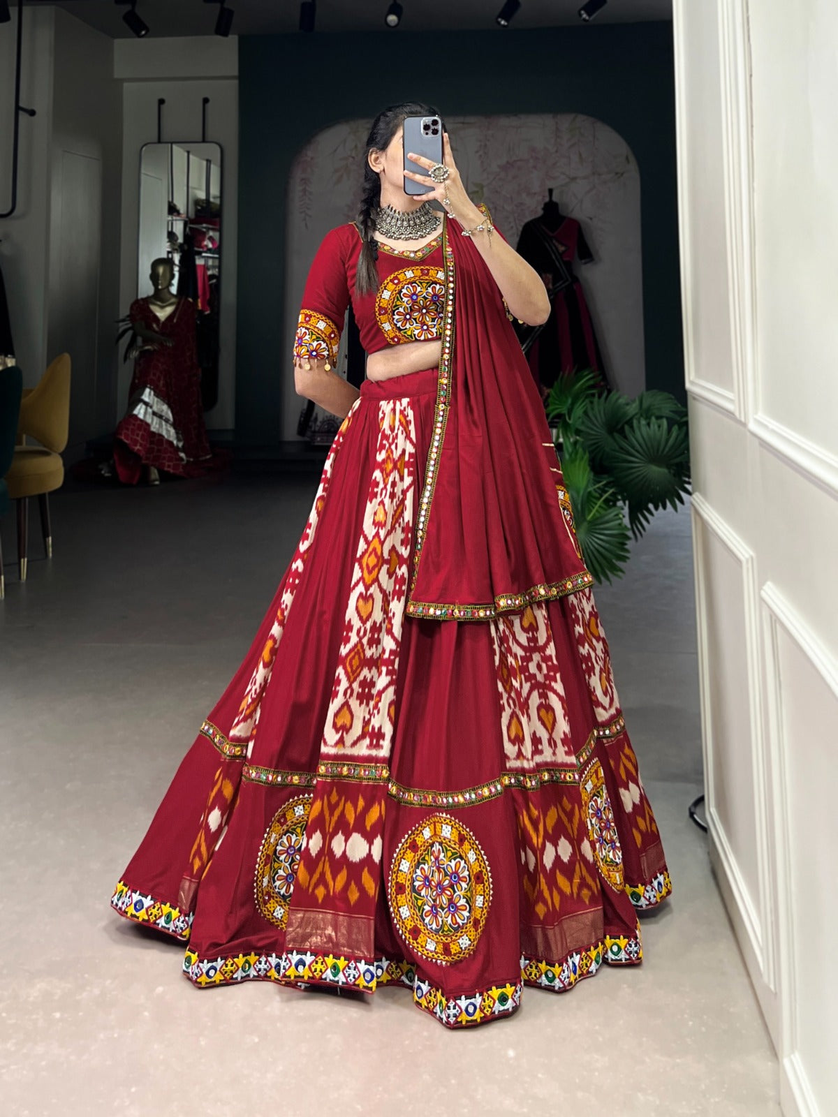 Lorenvalley White Rayon and Printed Silk with Plain And Printed With Original Mirror Gamthi Work And Gamthi Patch Work Lehenga Choli | Swadesiicart