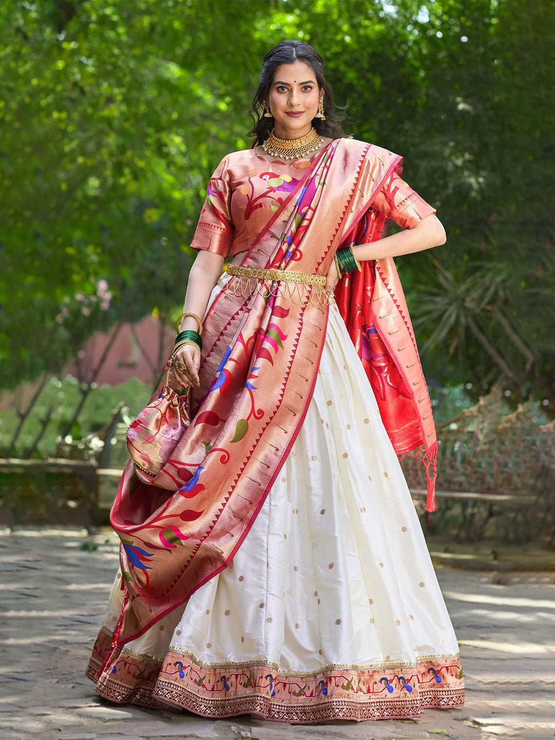 Lorenvalley White Jacquard Silk Paithani Weaving Zari Lehenga Choli with Dupatta | Swadesiicart