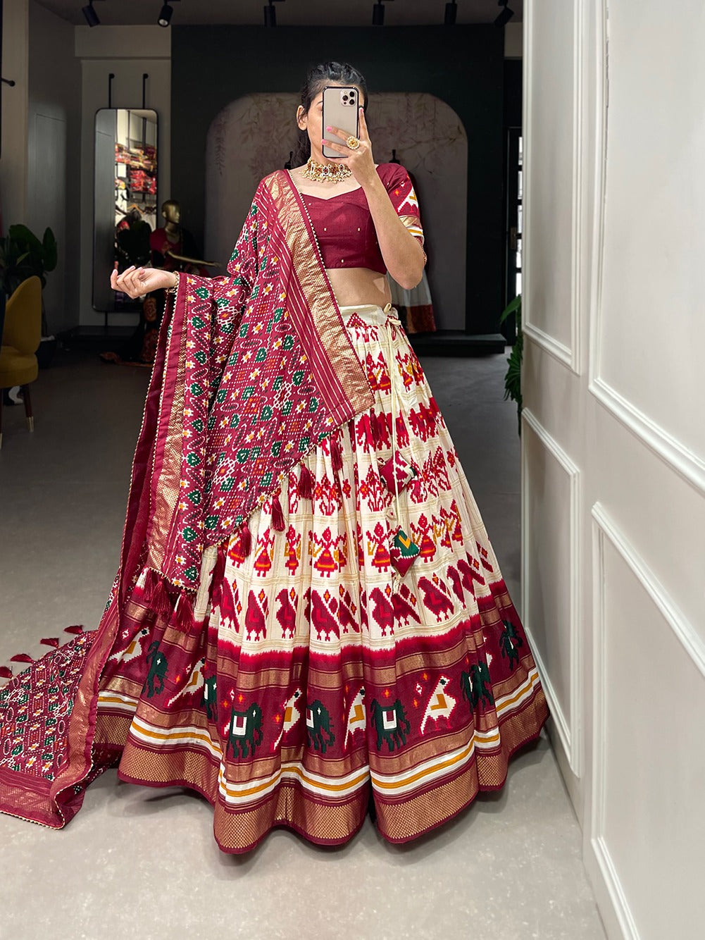Lorenvalley White Tussar Silk Patola Print With Foil Work Lehenga Choli | Swadesiicart