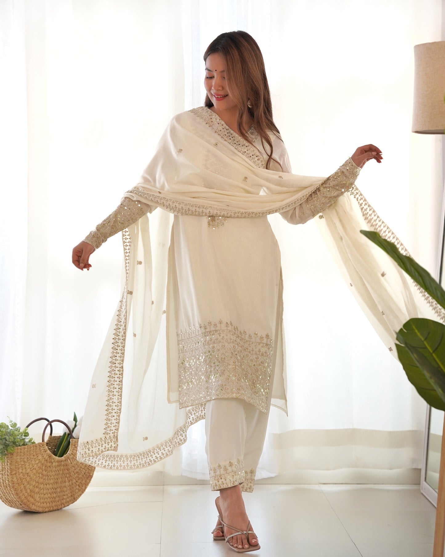 Lorenvalley Chinon Silk Embroidery Sequence zari work Kurta Pant with Dupatta Set - White - Swadesiicart