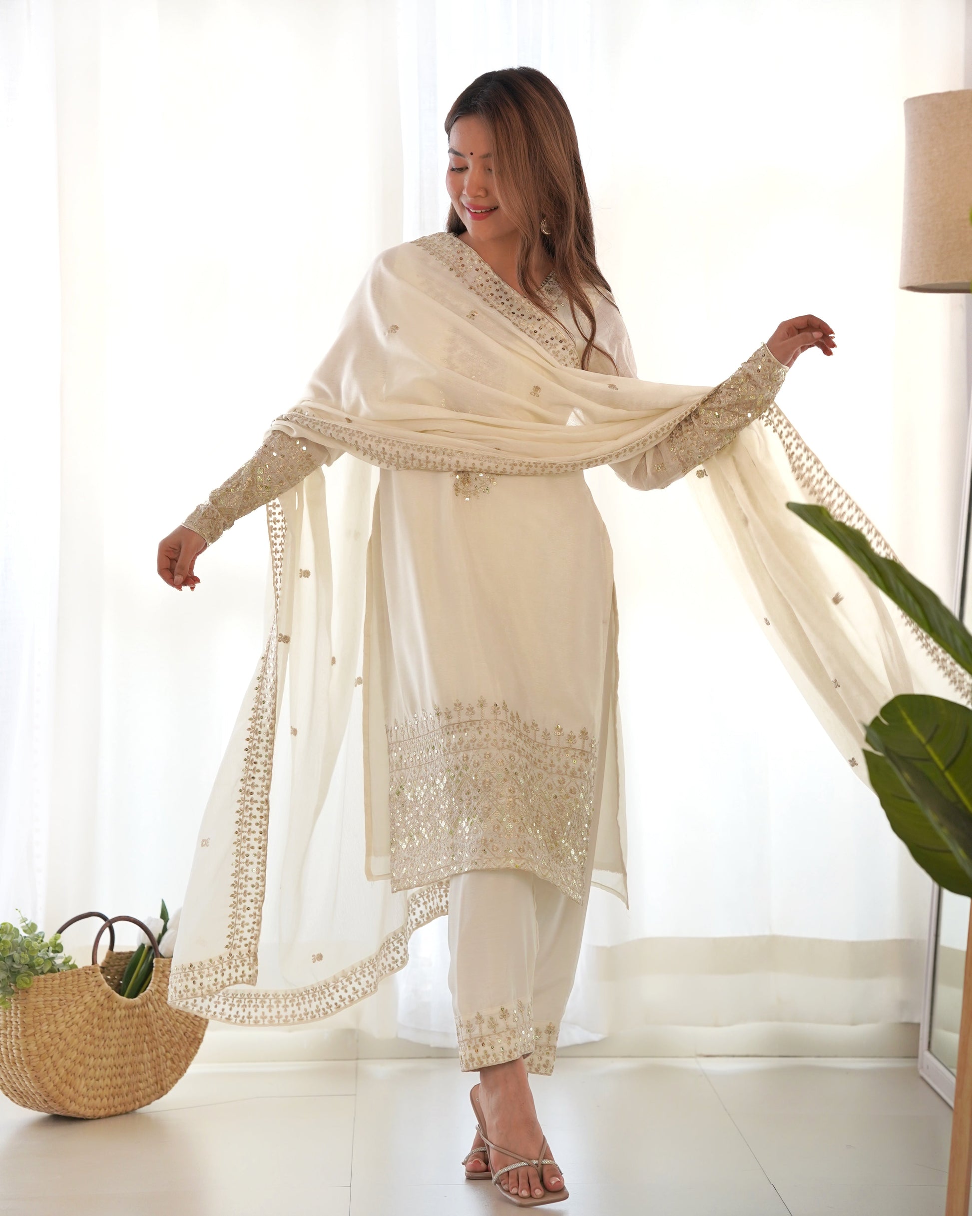 Lorenvalley Chinon Silk Embroidery Sequence zari work Kurta Pant with Dupatta Set - White - Swadesiicart