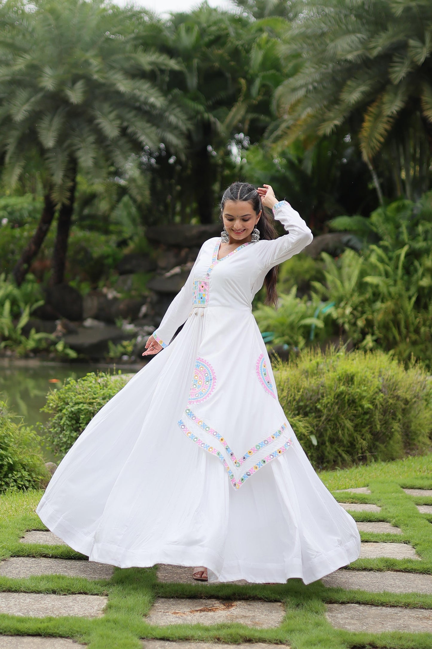 Lorenvalley White Rayon Fabric With Kutchi Gamthi Lace Gown | Swadesiicart