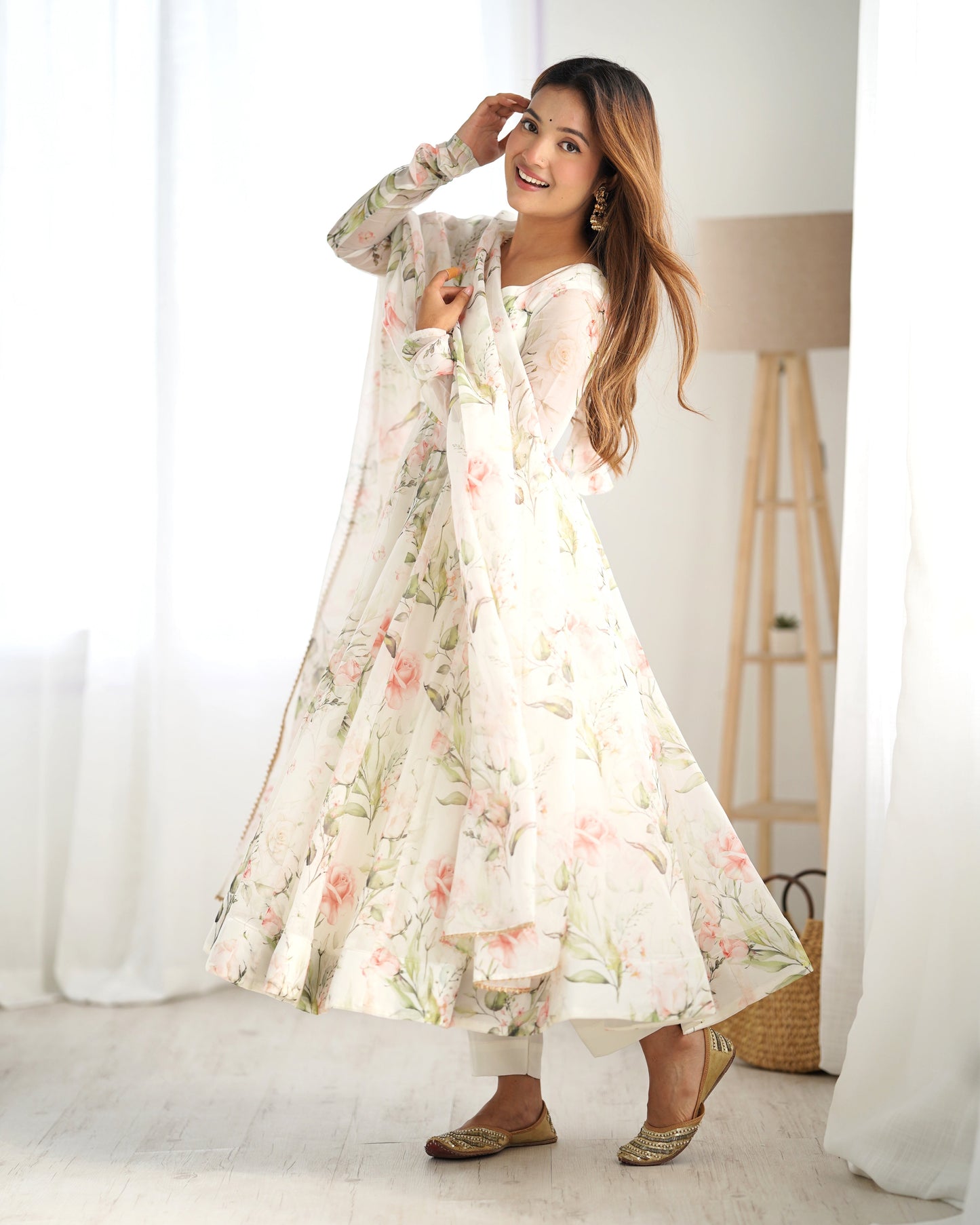 Lorenvalley White Soft Organza Silk With Floral Print Fully Flared Anarkali Pant With Dupatta Set - Swadesiicart