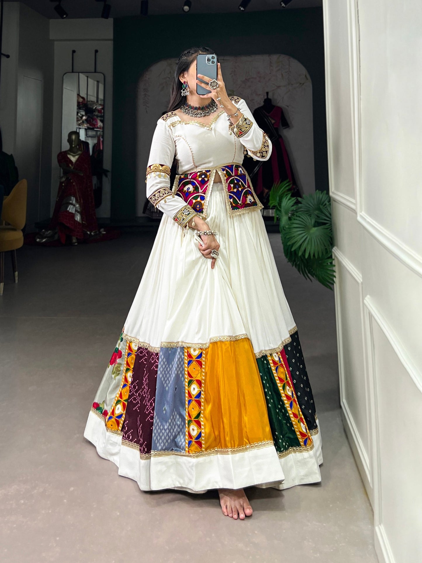 Lorenvalley White Rayon Plain With Embroidery And Gamthi Patch Work Lehenga Choli | Swadesiicart