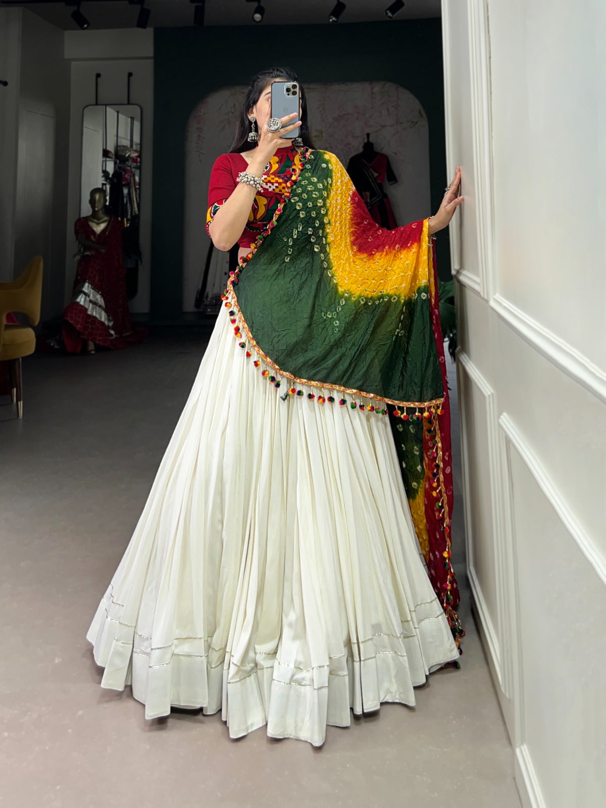 Lorenvalley White Pure Rayon with Plain With Gota Patti Touch Up Lehenga Choli | Swadesiicart
