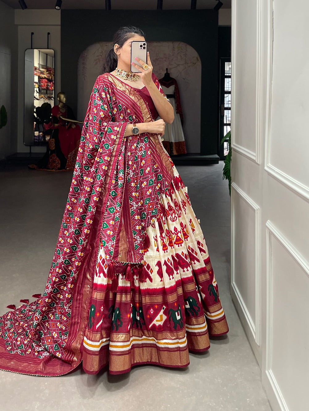 Lorenvalley White Tussar Silk Patola Print With Foil Work Lehenga Choli | Swadesiicart