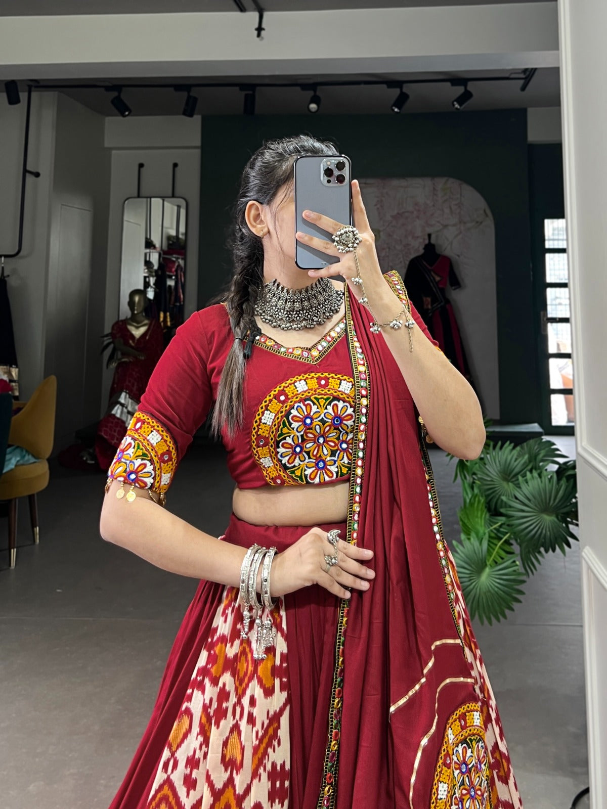 Lorenvalley White Rayon and Printed Silk with Plain And Printed With Original Mirror Gamthi Work And Gamthi Patch Work Lehenga Choli | Swadesiicart