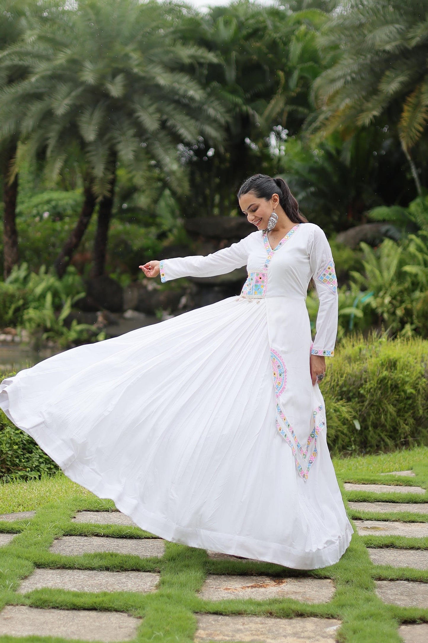 Lorenvalley White Rayon Fabric With Kutchi Gamthi Lace Gown | Swadesiicart