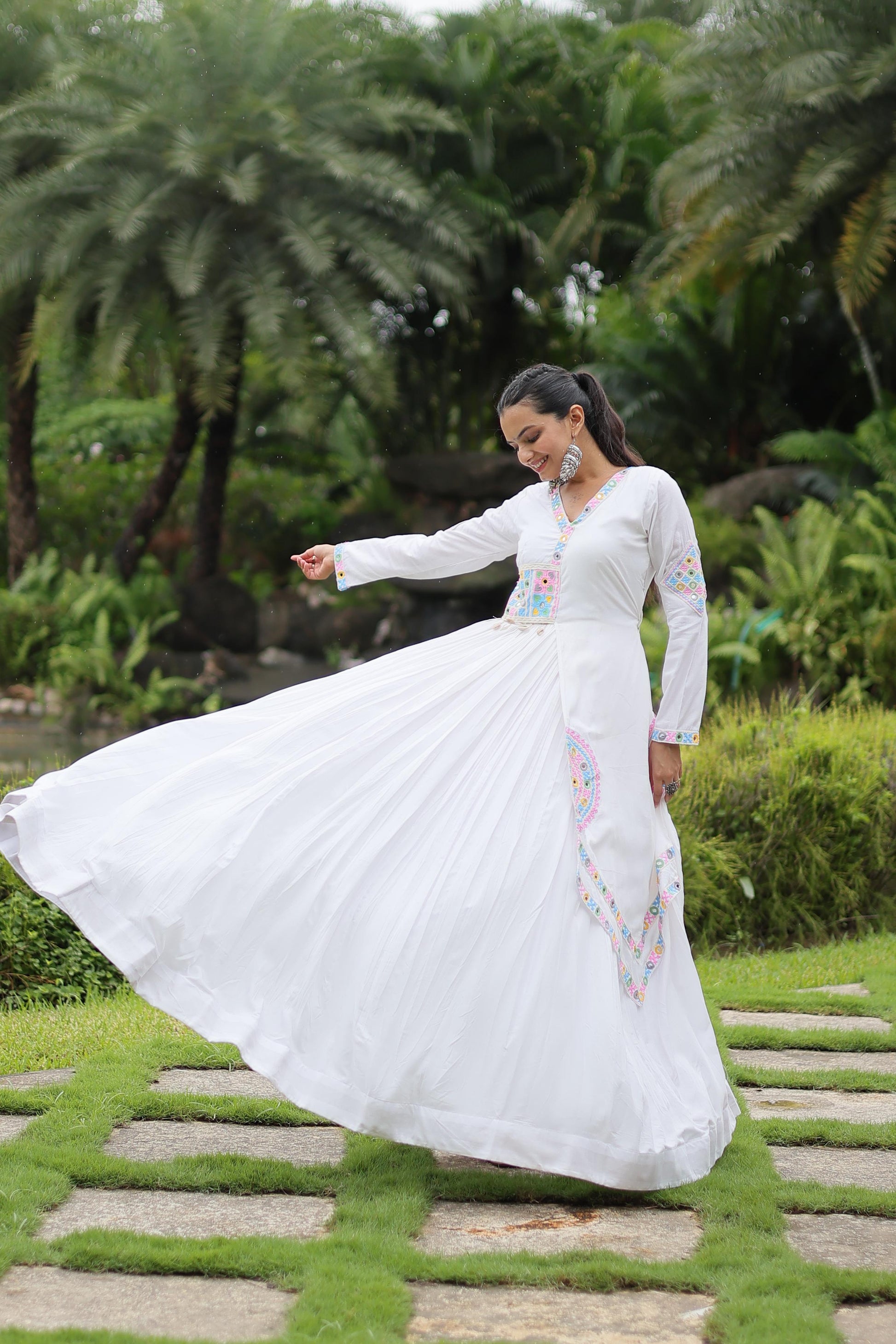 Lorenvalley White Rayon Fabric With Kutchi Gamthi Lace Gown | Swadesiicart