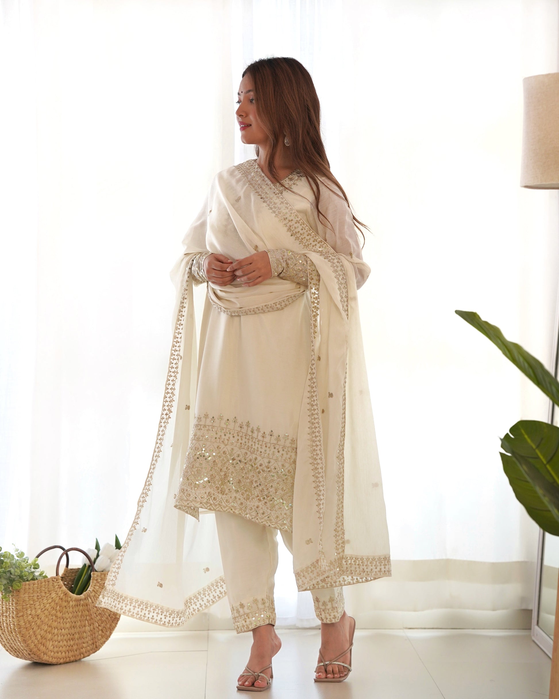 Lorenvalley Chinon Silk Embroidery Sequence zari work Kurta Pant with Dupatta Set - White - Swadesiicart