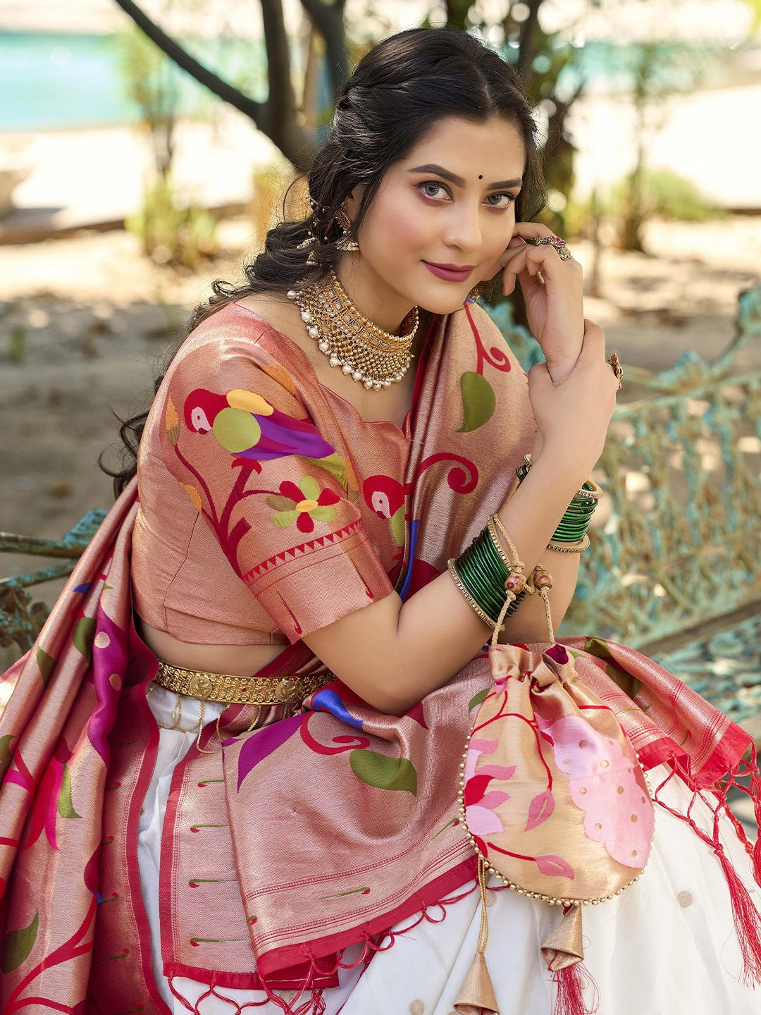 Lorenvalley White Jacquard Silk Paithani Weaving Zari Lehenga Choli with Dupatta | Swadesiicart