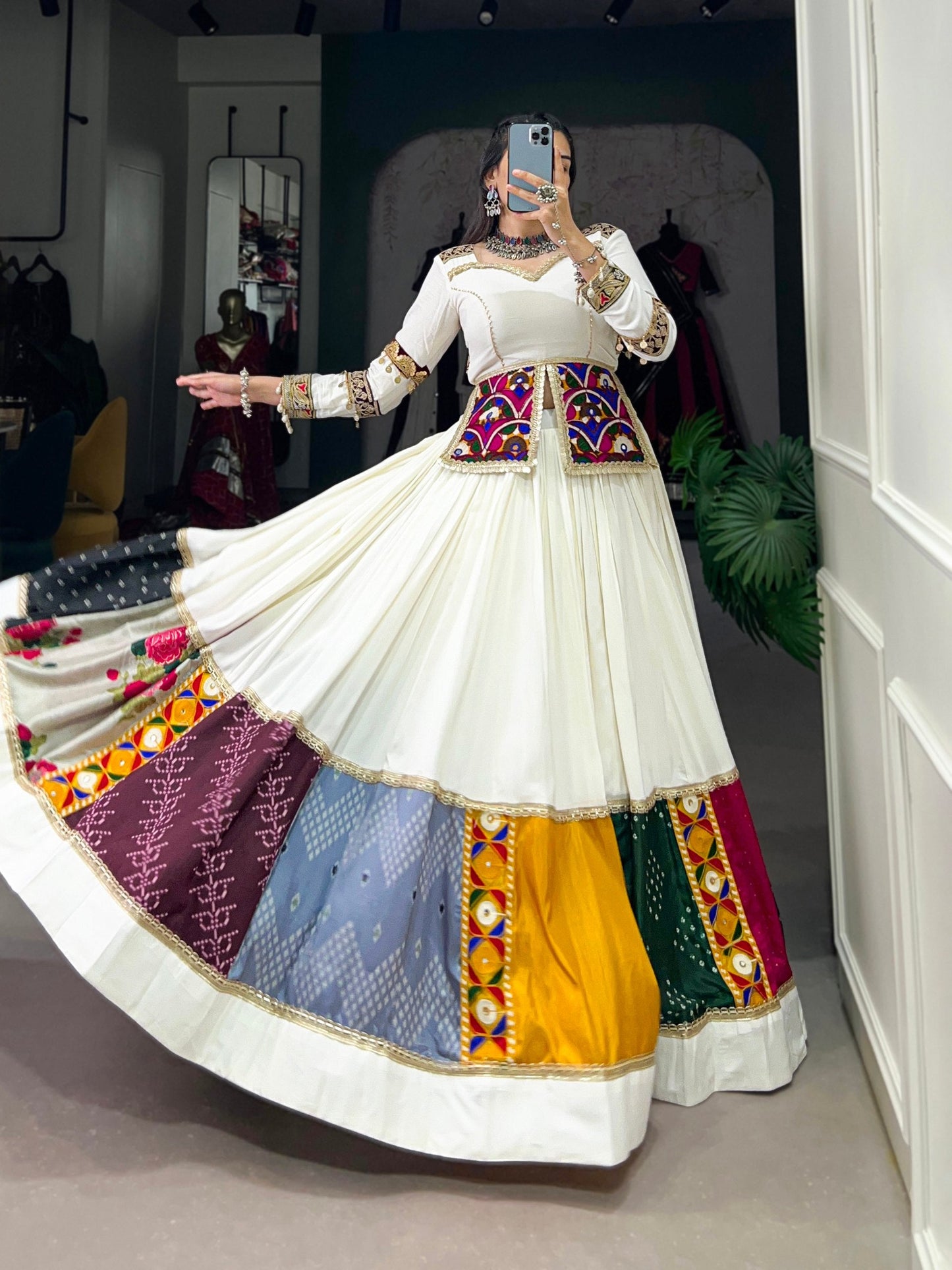 Lorenvalley White Rayon Plain With Embroidery And Gamthi Patch Work Lehenga Choli | Swadesiicart