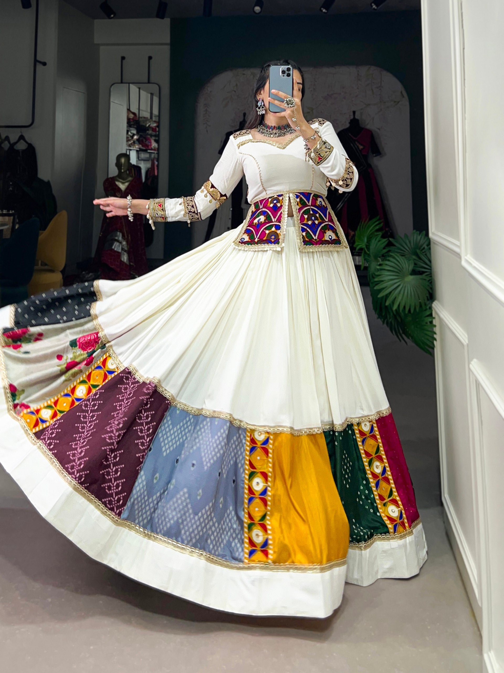 Lorenvalley White Rayon Plain With Embroidery And Gamthi Patch Work Lehenga Choli | Swadesiicart