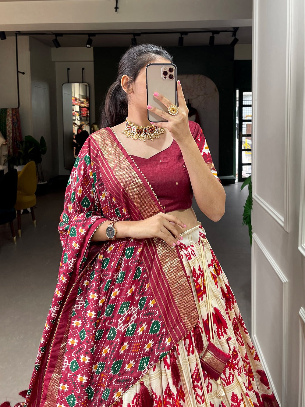Lorenvalley White Tussar Silk Patola Print With Foil Work Lehenga Choli | Swadesiicart