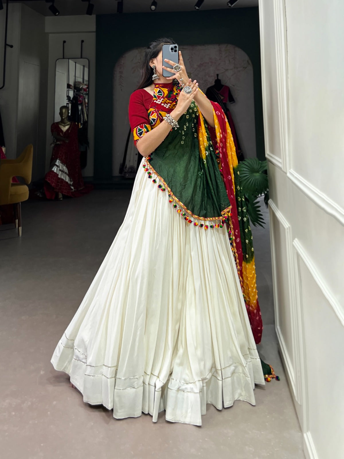 Lorenvalley White Pure Rayon with Plain With Gota Patti Touch Up Lehenga Choli | Swadesiicart