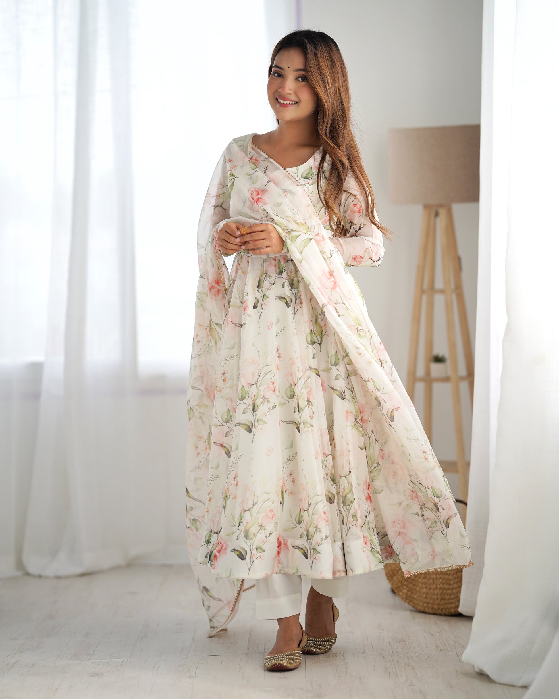 Lorenvalley White Soft Organza Silk With Floral Print Fully Flared Anarkali Pant With Dupatta Set - Swadesiicart
