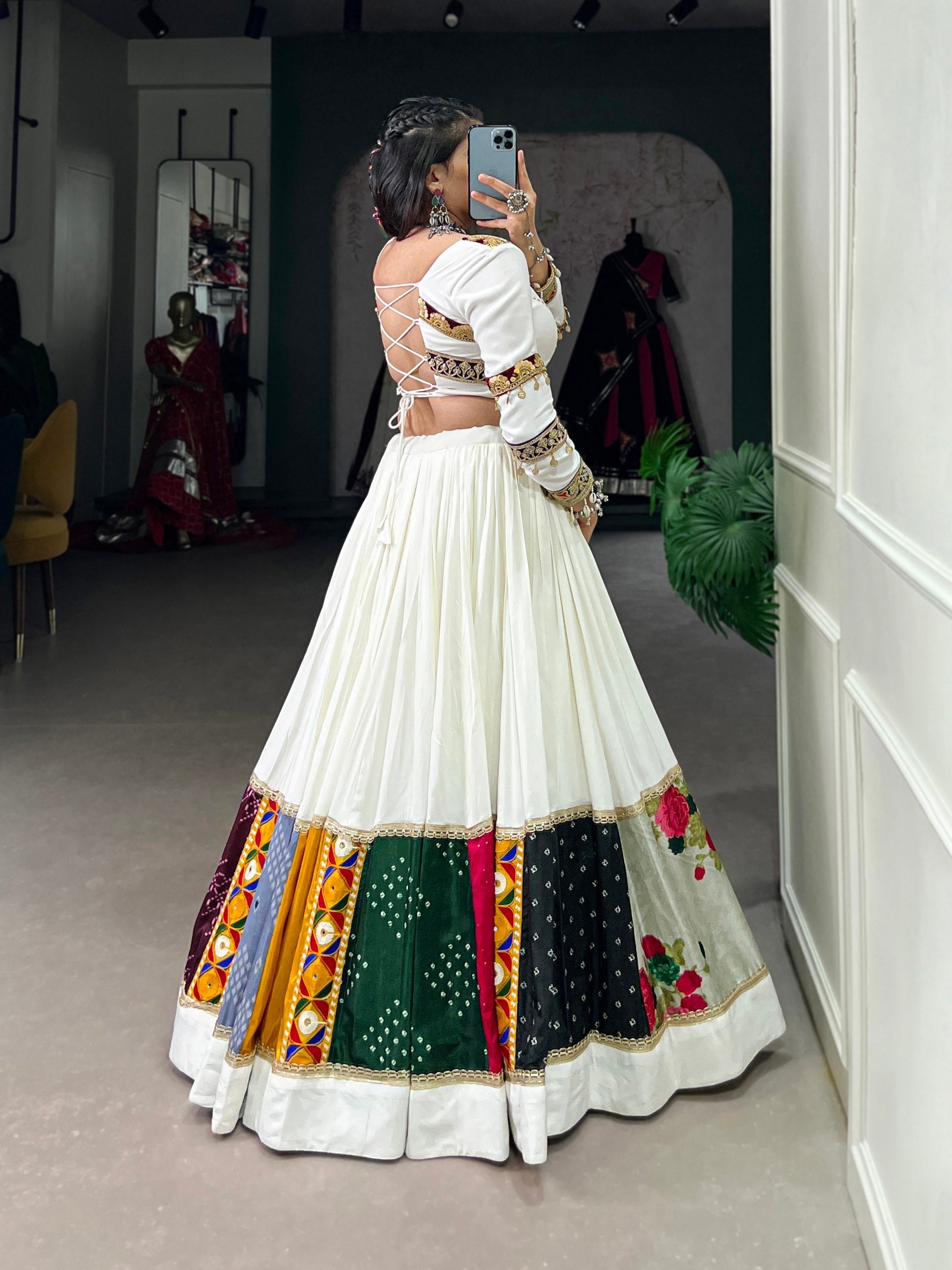 Lorenvalley White Rayon Plain With Embroidery And Gamthi Patch Work Lehenga Choli | Swadesiicart