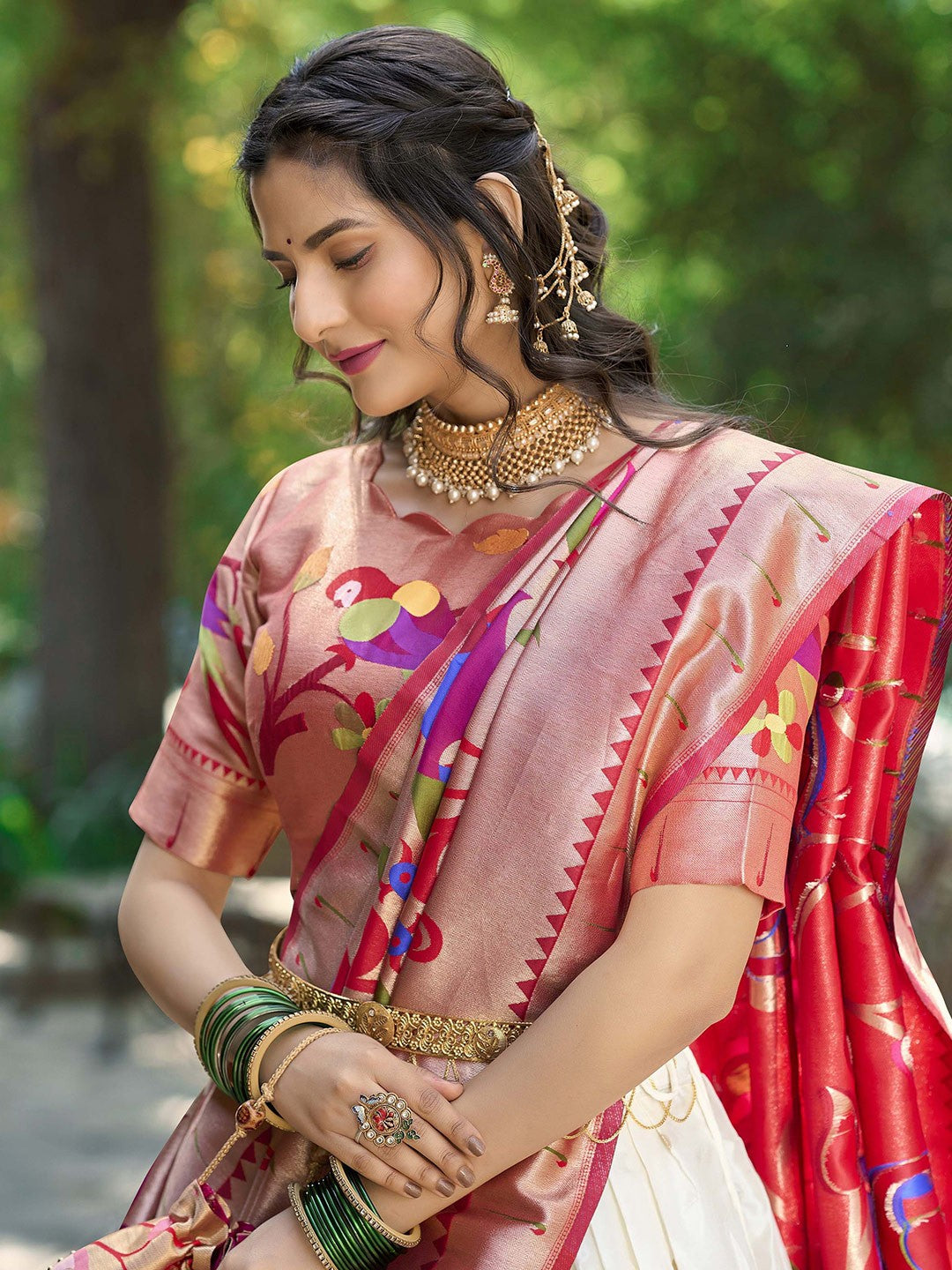 Lorenvalley White Jacquard Silk Paithani Weaving Zari Lehenga Choli with Dupatta | Swadesiicart