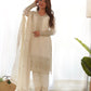 Lorenvalley Chinon Silk Embroidery Sequence zari work Kurta Pant with Dupatta Set - White - Swadesiicart