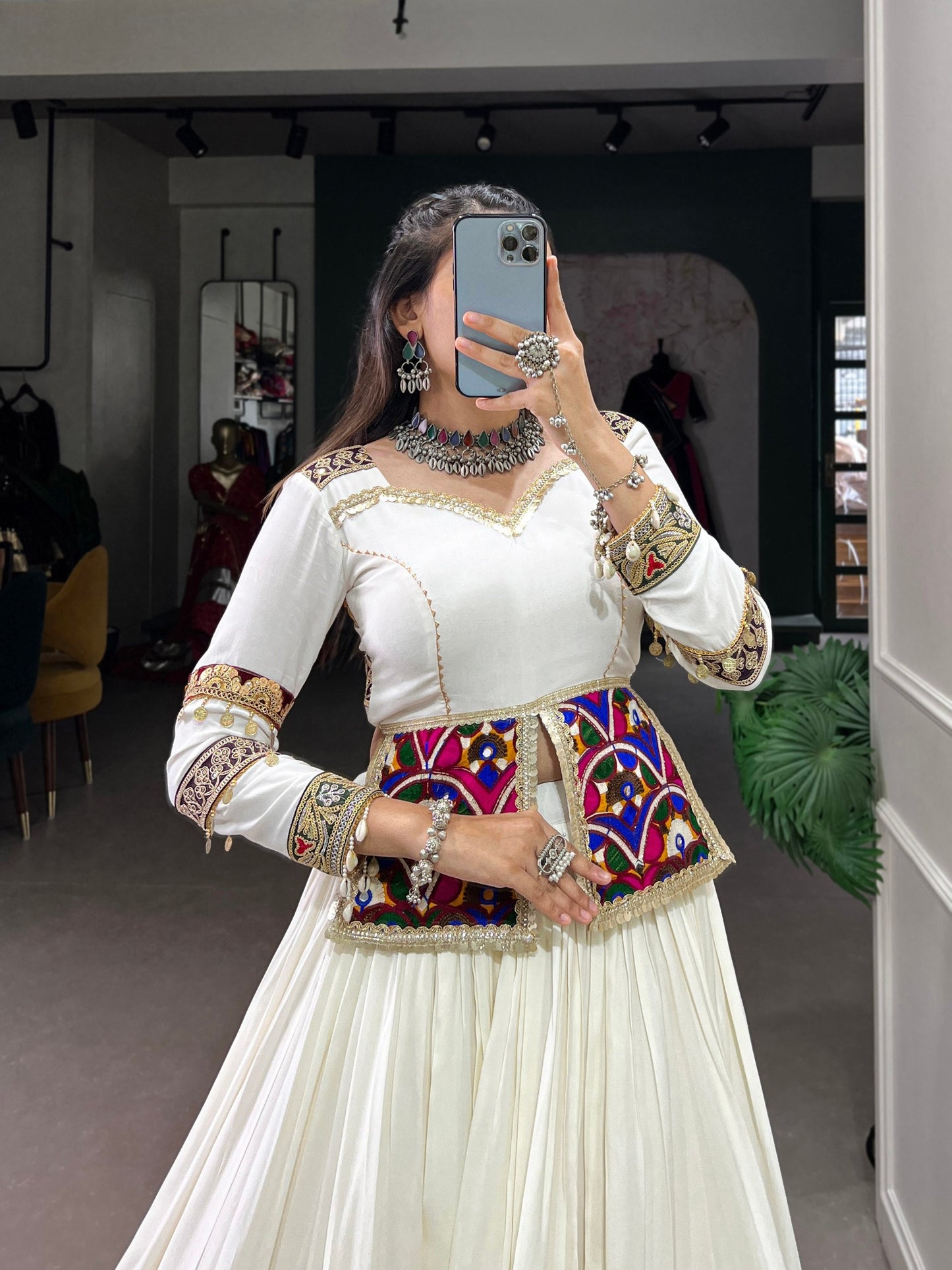 Lorenvalley White Rayon Plain With Embroidery And Gamthi Patch Work Lehenga Choli | Swadesiicart
