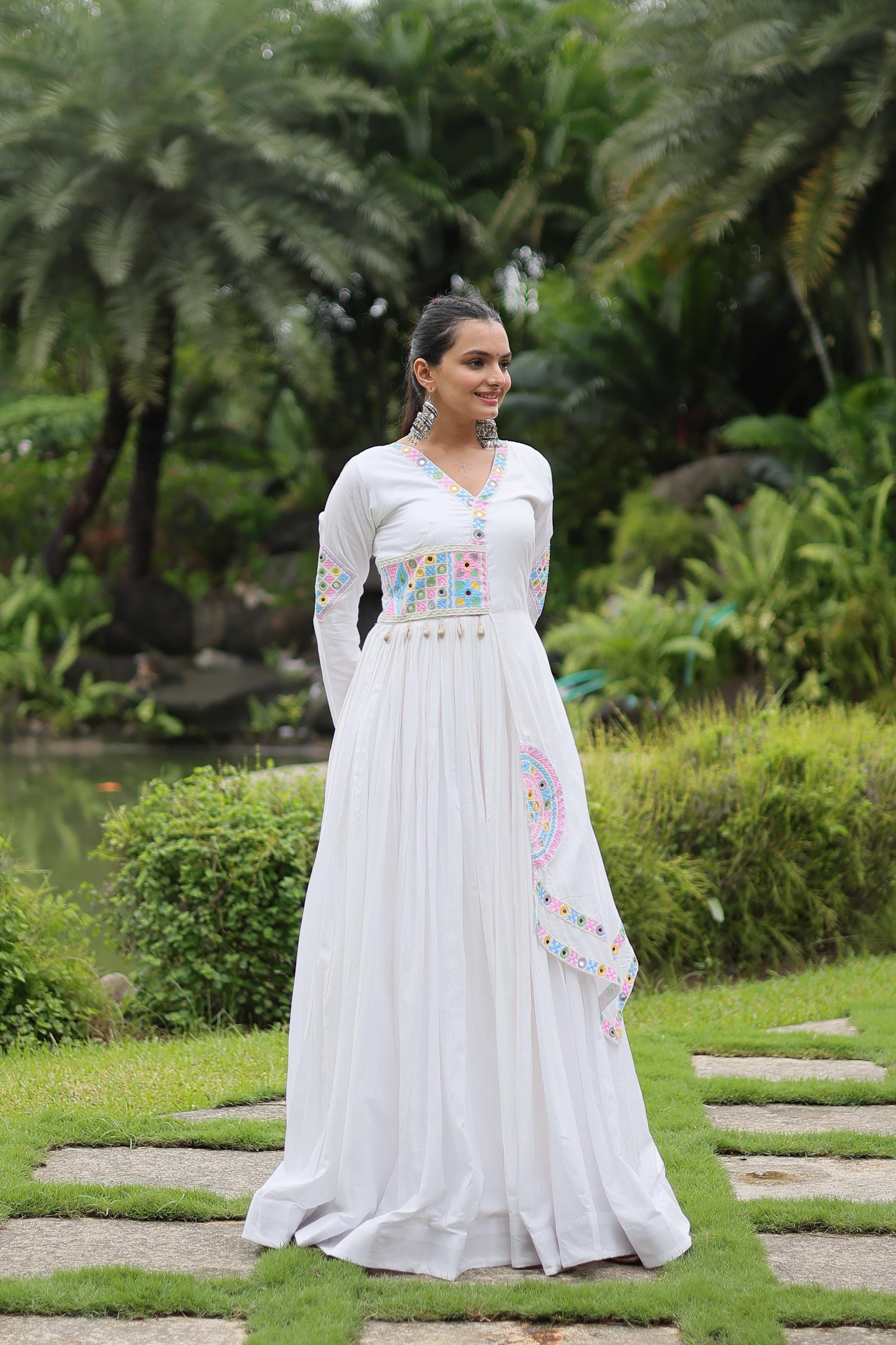 Lorenvalley White Rayon Fabric With Kutchi Gamthi Lace Gown | Swadesiicart