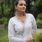 Lorenvalley White Rayon Fabric With Kutchi Gamthi Lace Gown | Swadesiicart