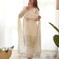Lorenvalley Chinon Silk Embroidery Sequence zari work Kurta Pant with Dupatta Set - White - Swadesiicart
