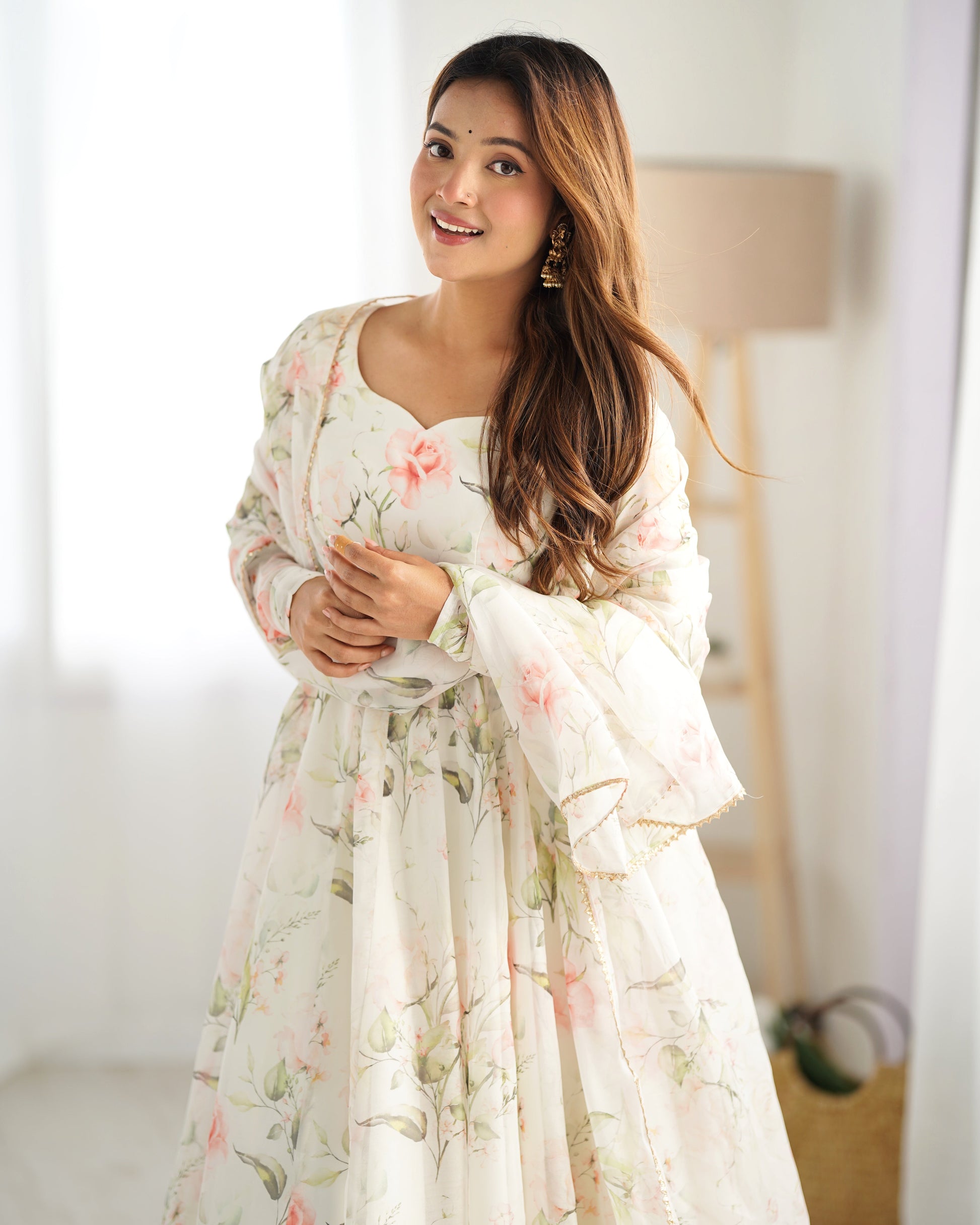 Lorenvalley White Soft Organza Silk With Floral Print Fully Flared Anarkali Pant With Dupatta Set - Swadesiicart