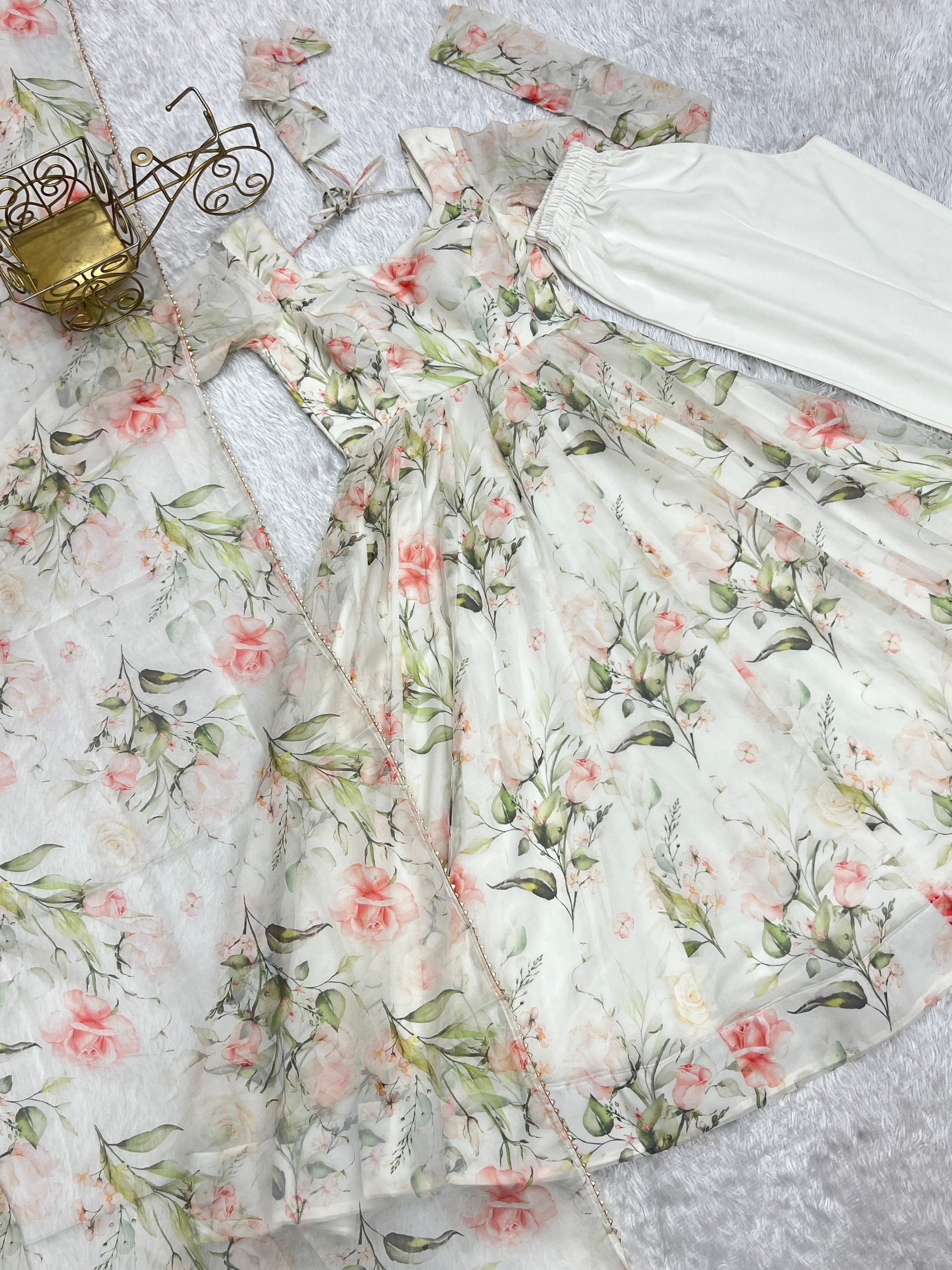 Lorenvalley White Soft Organza Silk With Floral Print Fully Flared Anarkali Pant With Dupatta Set - Swadesiicart