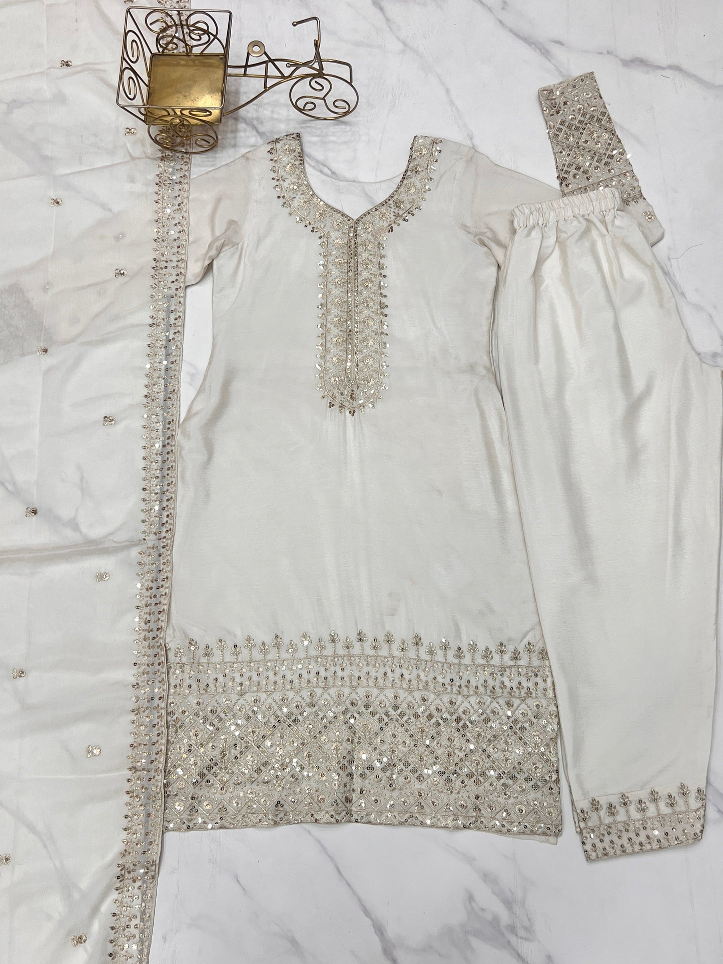 Lorenvalley Chinon Silk Embroidery Sequence zari work Kurta Pant with Dupatta Set - White - Swadesiicart